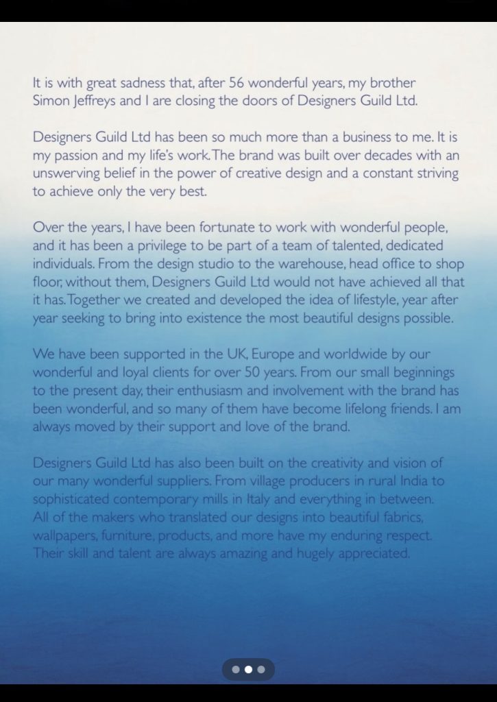 “Huge regret and sorrow” – Designers Guild founder breaks silence on devastating closure of flagship Chelsea store