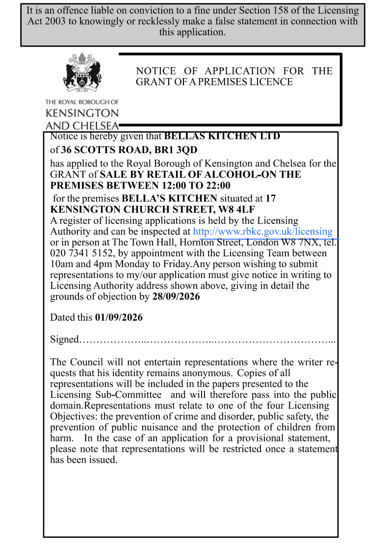 Page 1 Bellas Kitchen Notice